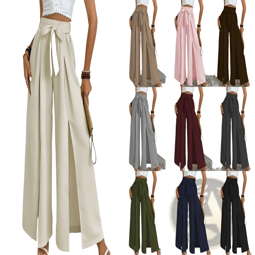 Beige high-waisted wide-leg casual loose trousers with matching fabric tie belt and front slit