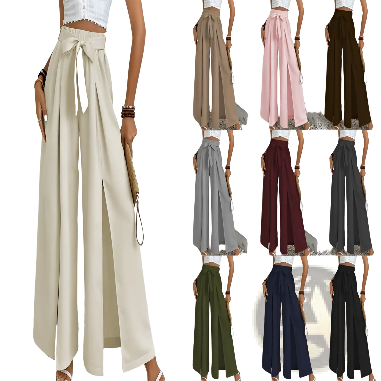Beige high-waisted wide-leg casual loose trousers with matching fabric tie belt and front slit