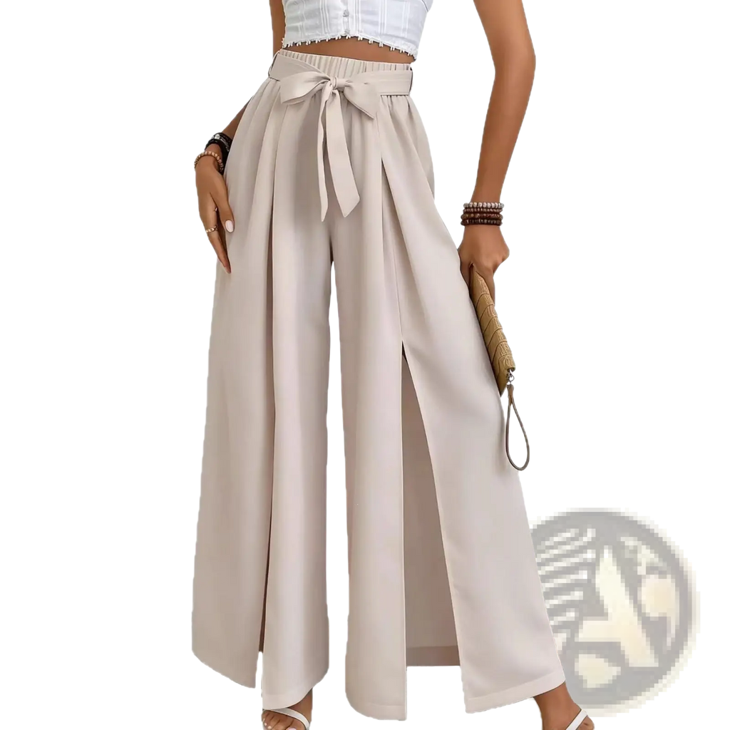Beige high-waisted wide-leg pants with matching fabric tie belt and side slit casual loose trousers