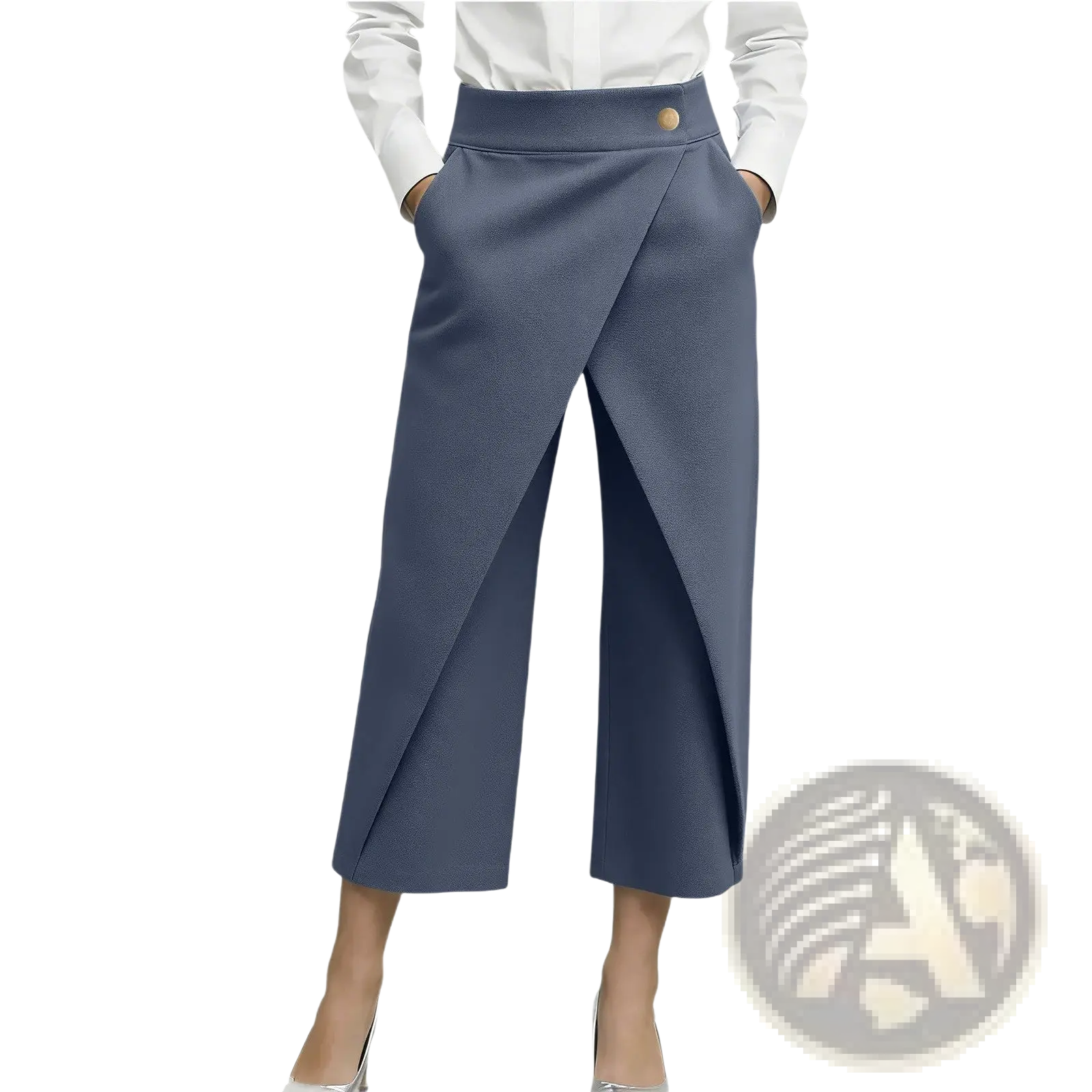 Blue high waisted wide leg cropped trousers with draped front and gold button closure for stylish wear