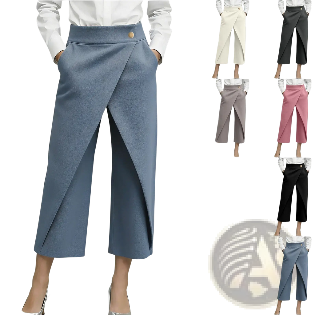 High waisted wide leg blue trousers with a diagonal slit and gold toned button at the waistband