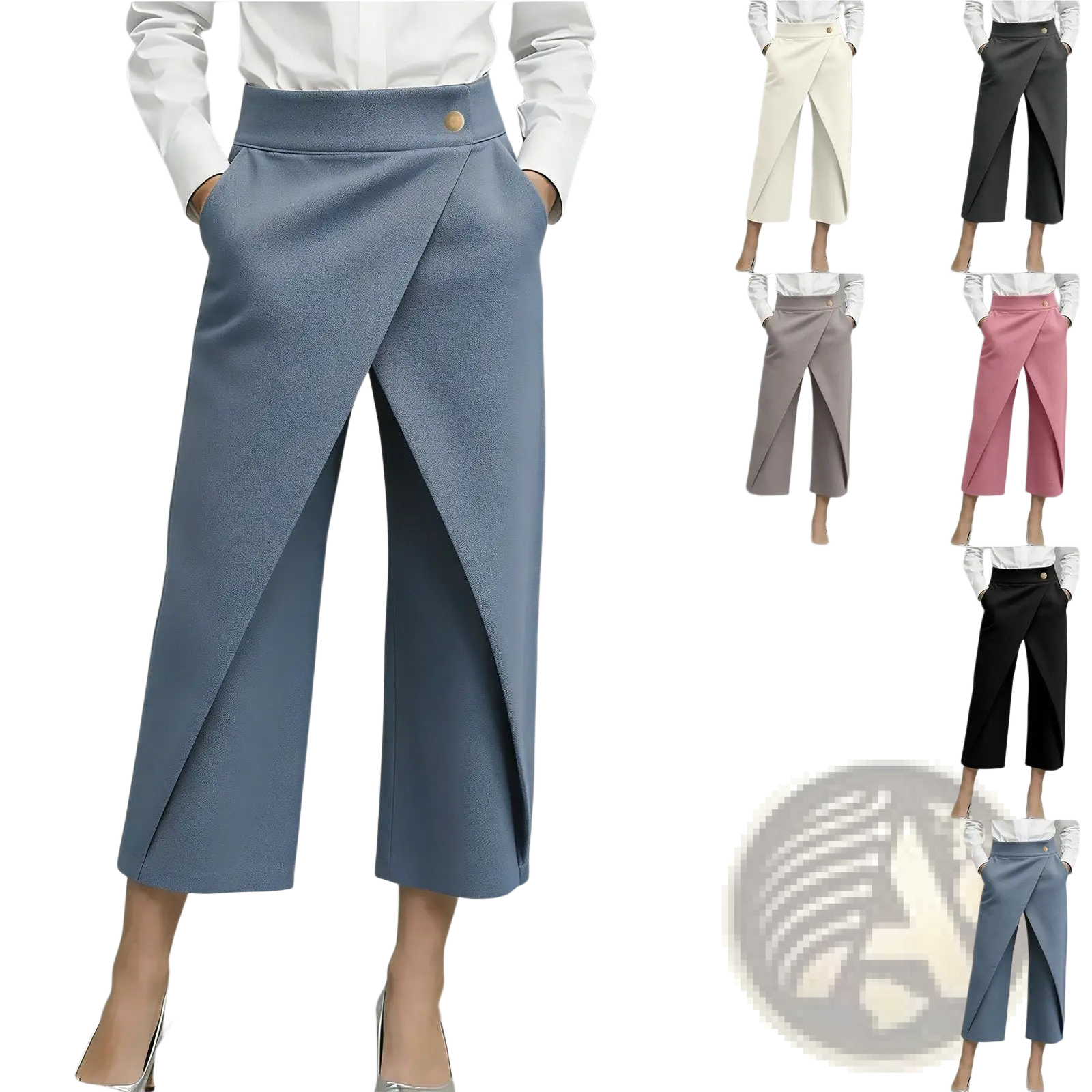 High waisted wide leg blue trousers with a diagonal slit and gold toned button at the waistband