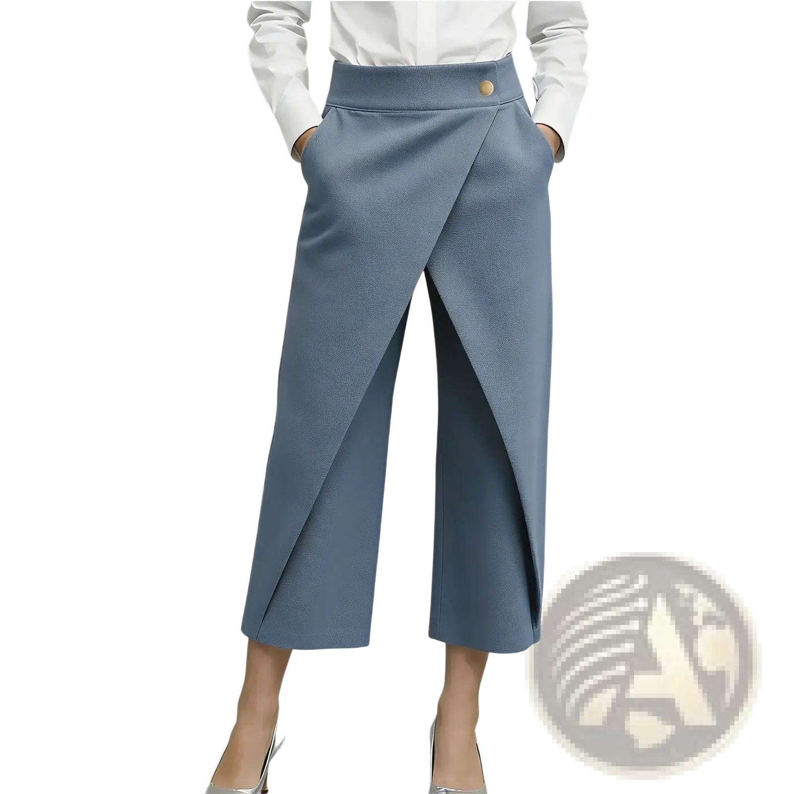 High waisted wide leg pants in blue with a draped front design and gold button at the waistband