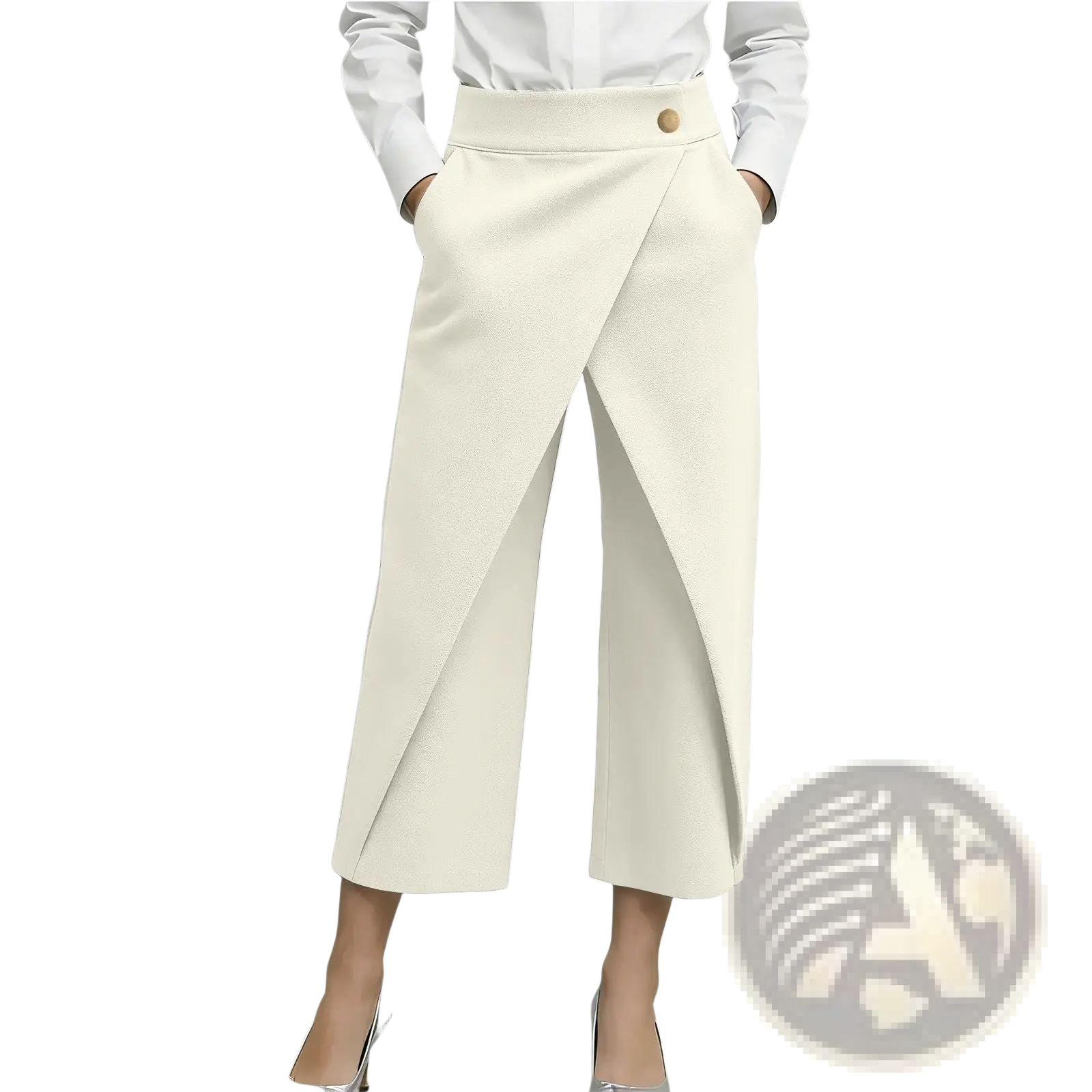 High waisted wide leg pants in cream color featuring a draped front and single button closure