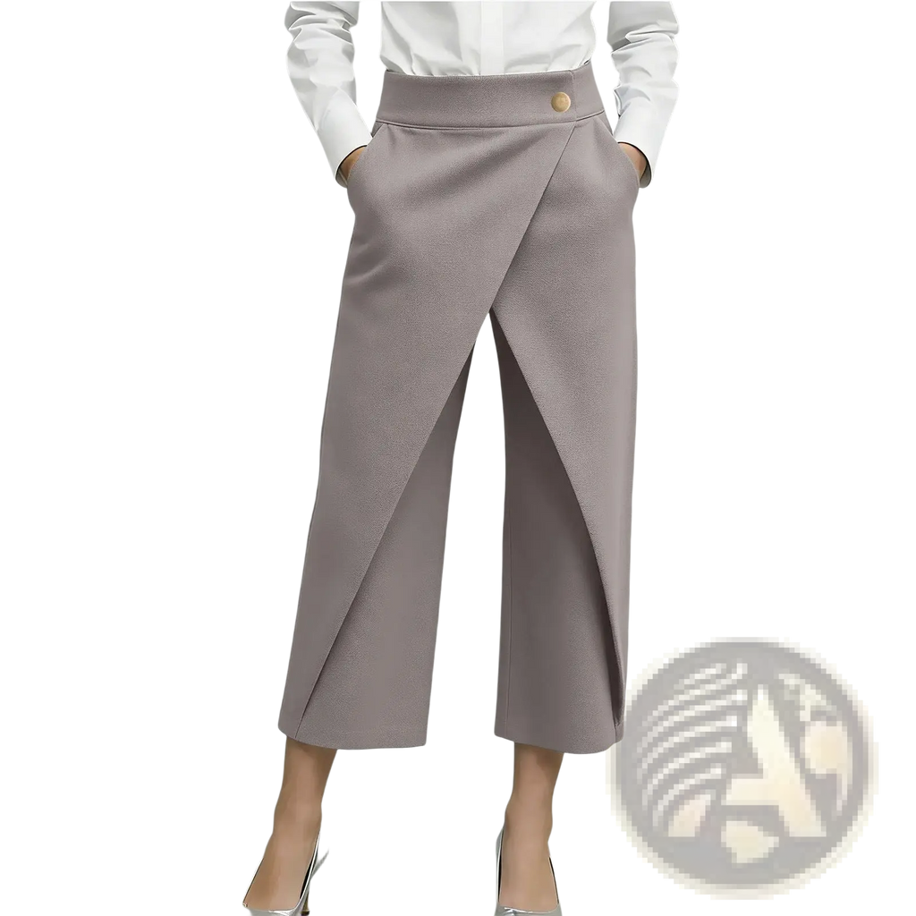 High waisted wide leg gray trousers featuring asymmetrical front pleat detail in a tailored design