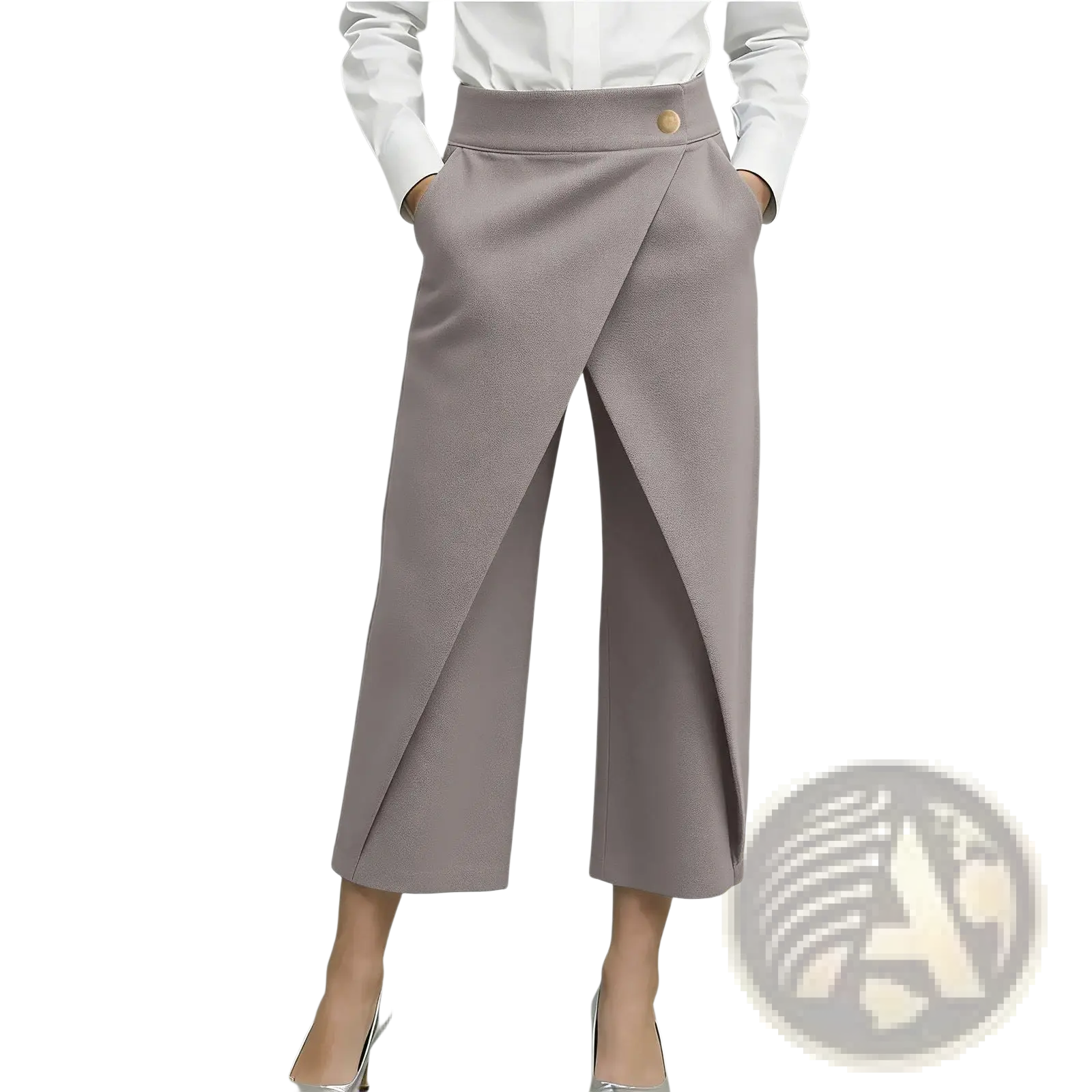 High waisted wide leg gray trousers featuring asymmetrical front pleat detail in a tailored design