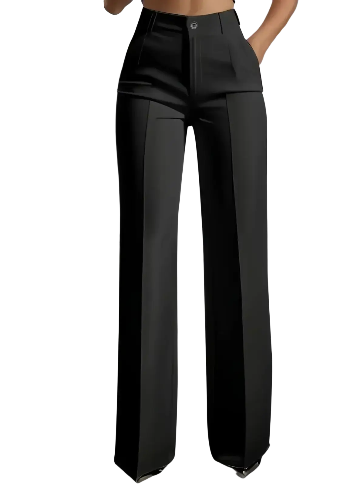 Black high-waisted wide-leg trousers with a sleek tailored fit and subtle front pleats in smooth fabric