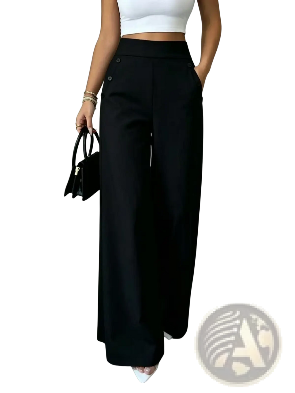 Black high waisted wide leg trousers with button details on the waistband in a smooth fabric