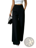 Black high waisted wide leg trousers with button details on the waistband in a smooth fabric