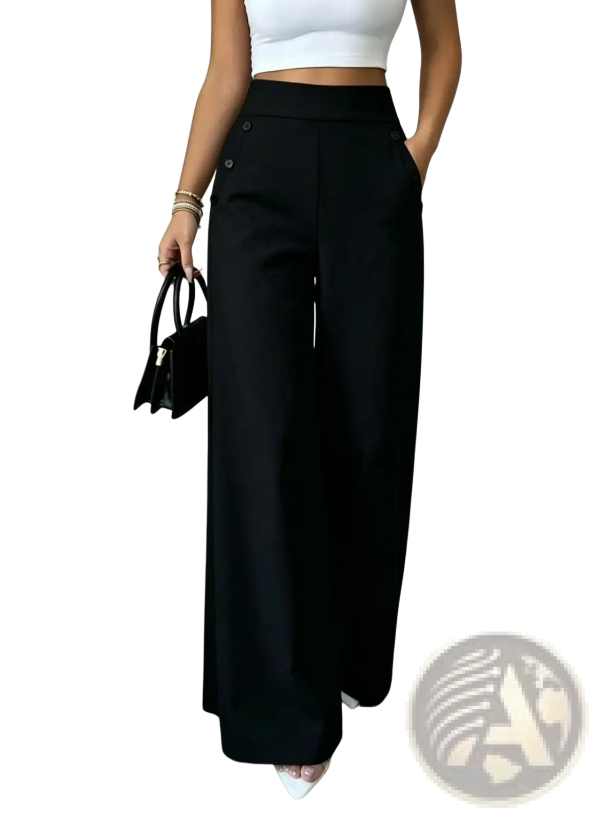 Black high waisted wide leg trousers with button details on the waistband in a smooth fabric