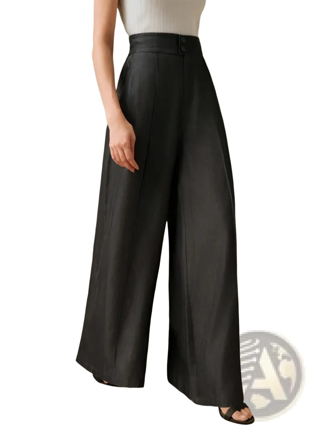 Black high waisted wide leg trousers with a sleek tailored fit and subtle front pleats in a smooth fabric