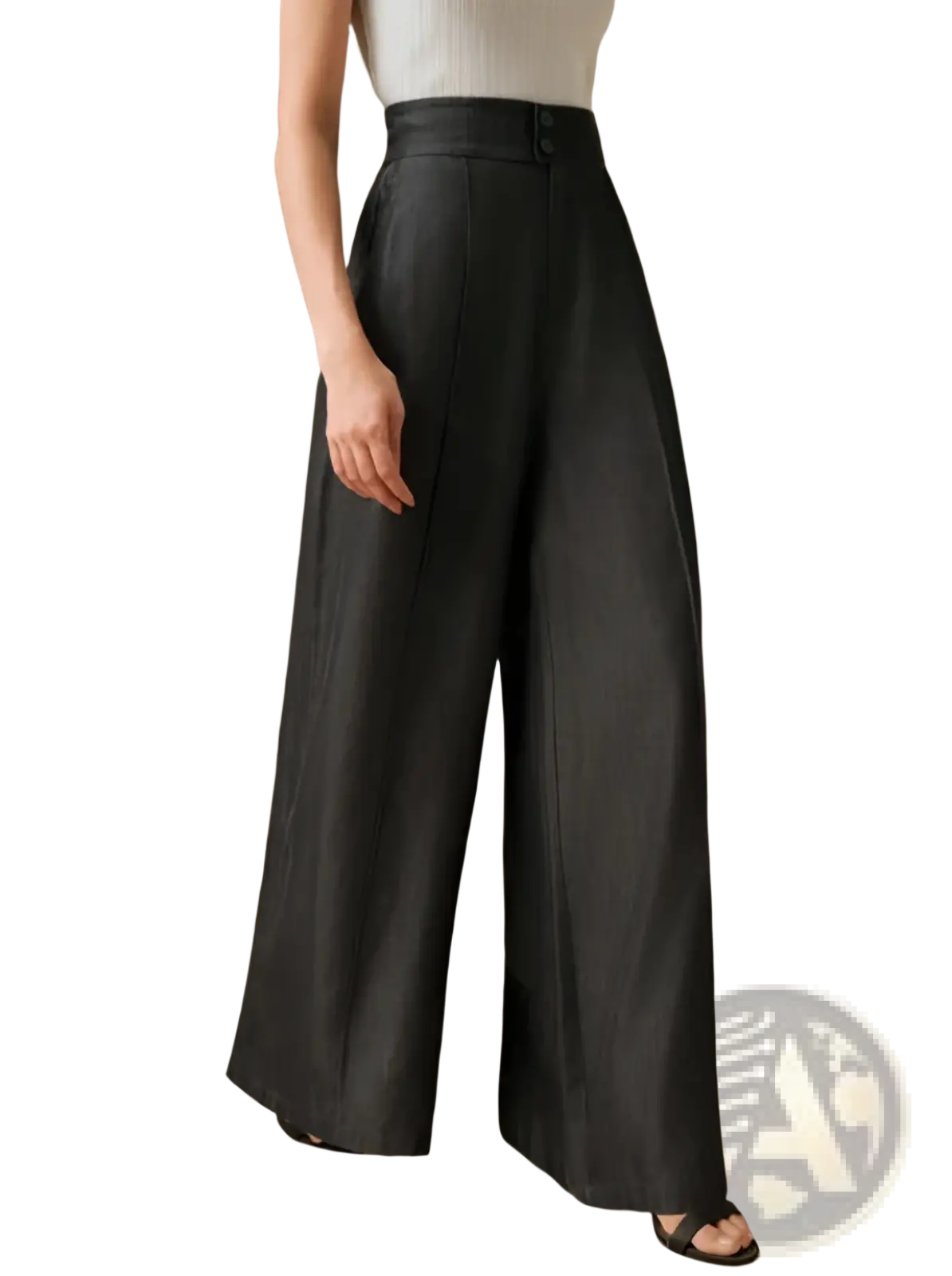 Black high waisted wide leg trousers with a sleek tailored fit and subtle front pleats in a smooth fabric