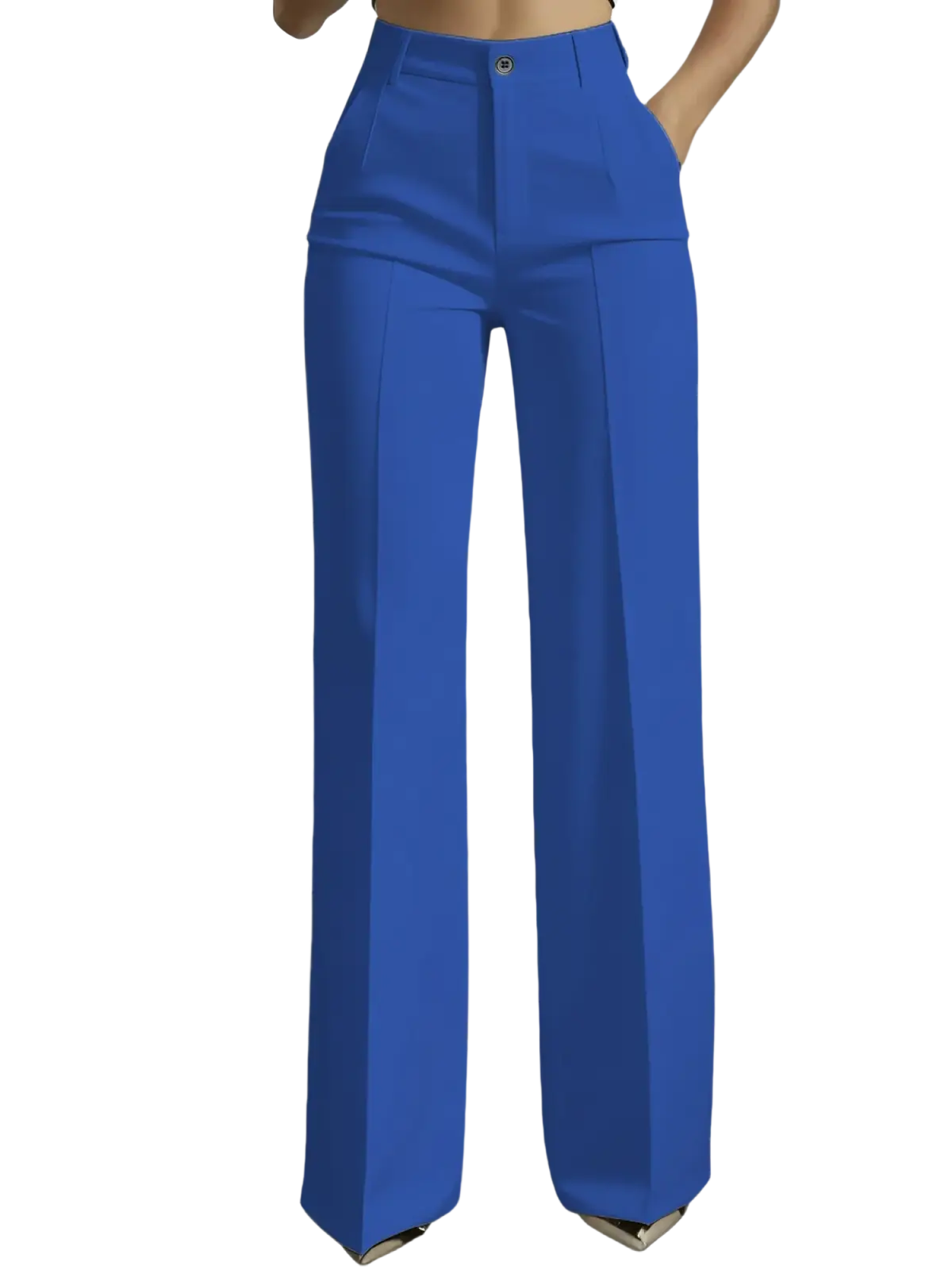 Bright blue high-waisted wide-leg trousers with sleek tailored design perfect for formal and casual wear