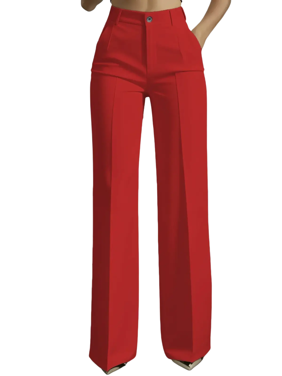 Bright red high-waisted wide-leg trousers with a sleek tailored design perfect for formal and stylish occasions