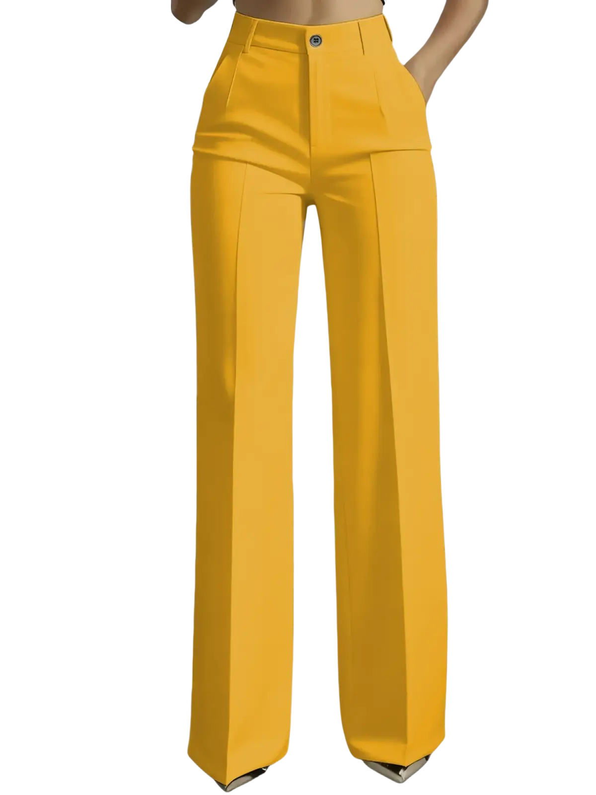 Bright yellow high-waisted wide-leg trousers with a sleek tailored design for a polished look