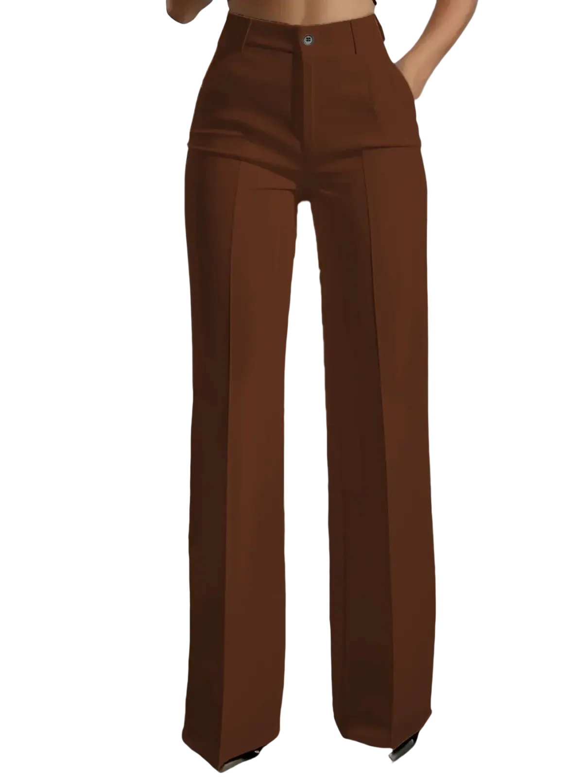 Brown high-waisted wide-leg trousers with sleek tailored fit and subtle front pleats in smooth fabric