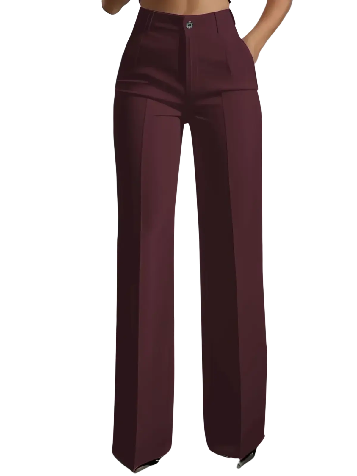 High-waisted burgundy wide-leg trousers with a sleek tailored design and subtle pleats for a polished look