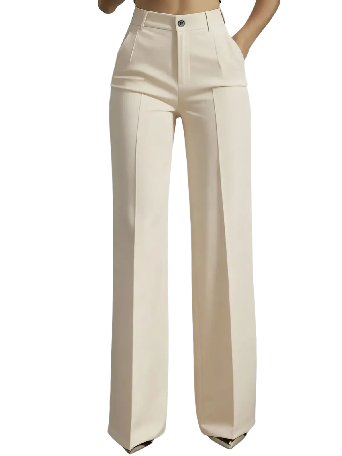 Cream-colored high-waisted wide-leg trousers with sleek tailored design and subtle pleats for elegant wear