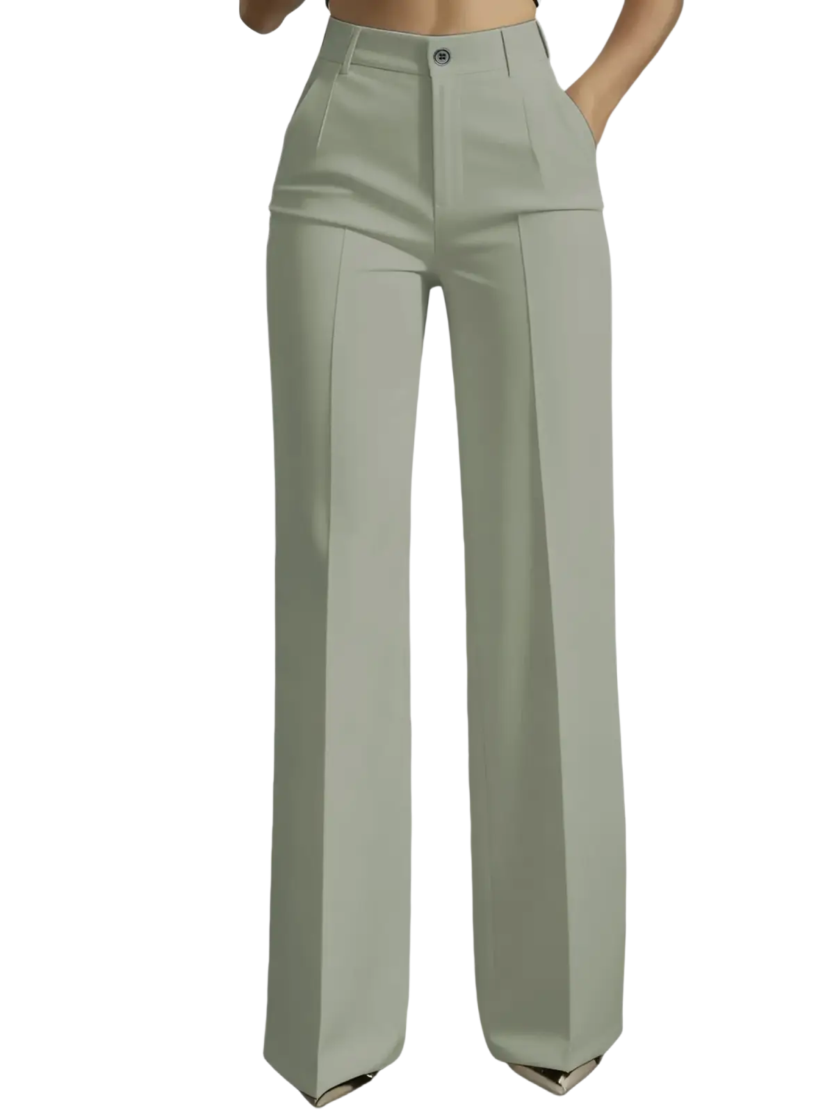 High-waisted wide-leg trousers in light sage green with a sleek tailored design and subtle front pleats