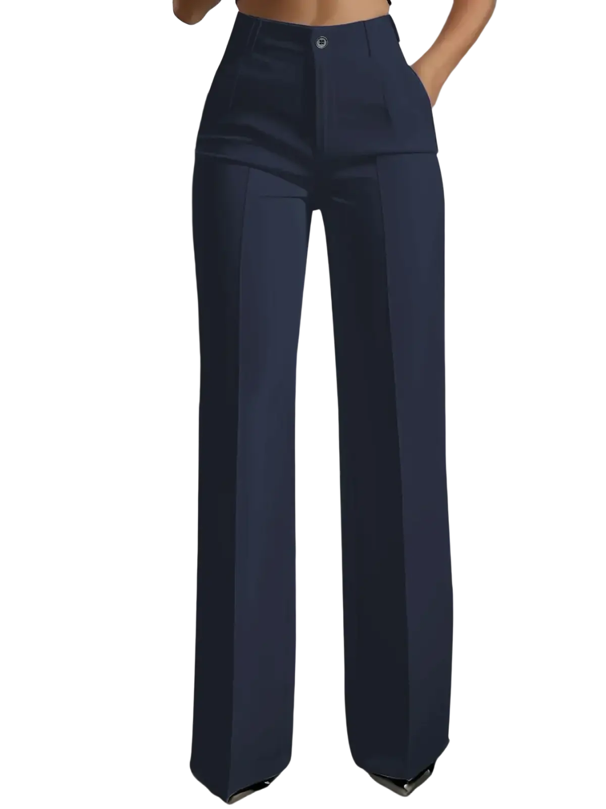 Navy blue high-waisted wide-leg trousers with a sleek tailored fit and subtle front pleats in a formal style