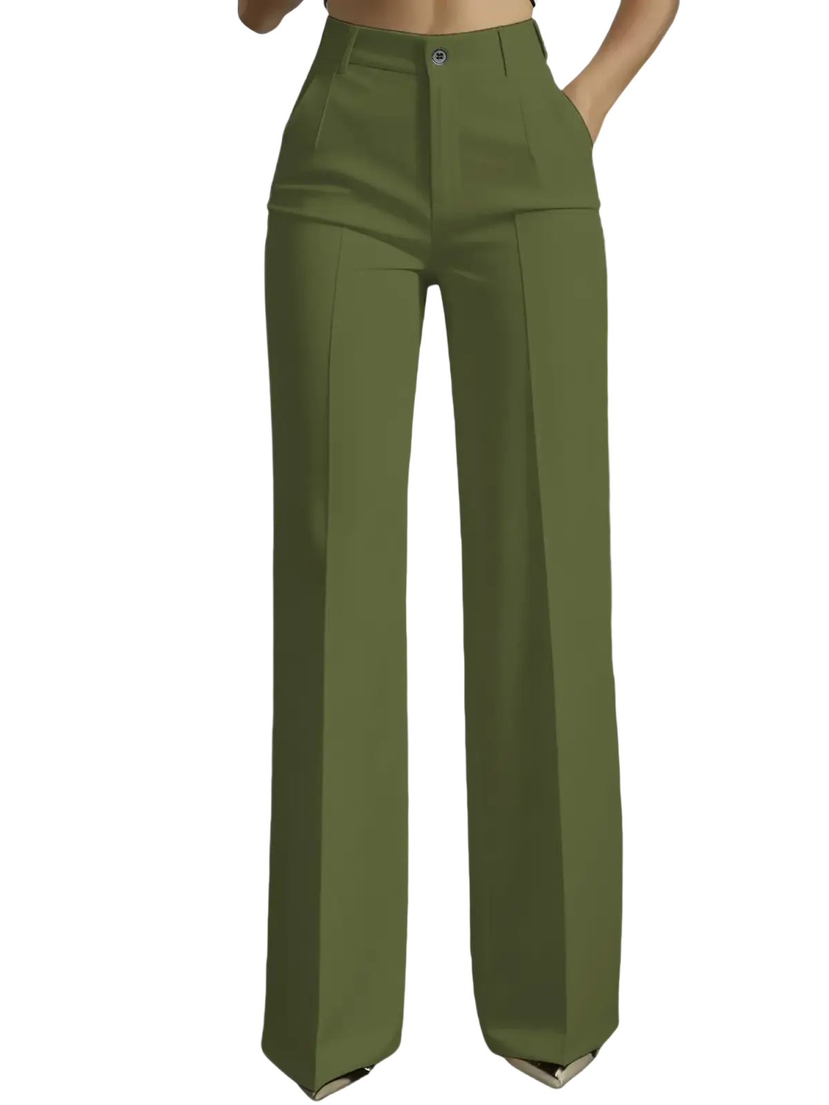 Olive green high-waisted wide-leg trousers with a sleek tailored design and subtle front pleats for formal wear