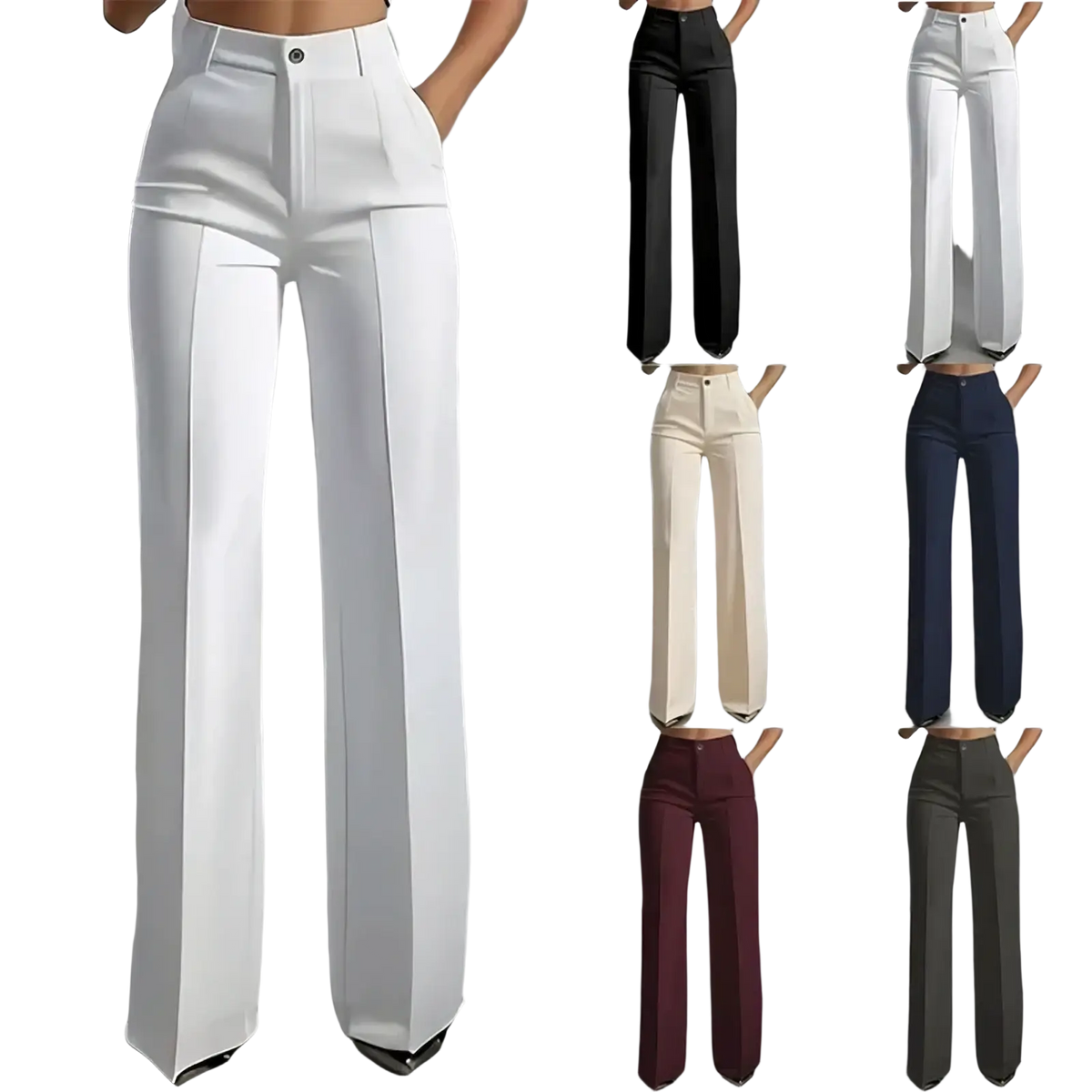 White high-waisted wide-leg trousers with a sleek tailored design perfect for formal and casual wear