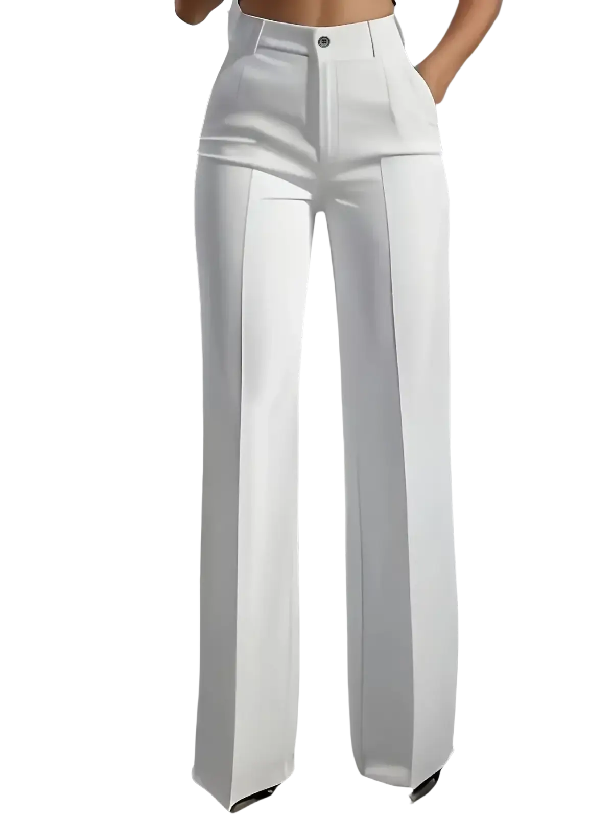 White high-waisted wide-leg trousers with a tailored design and subtle pleats for a polished look