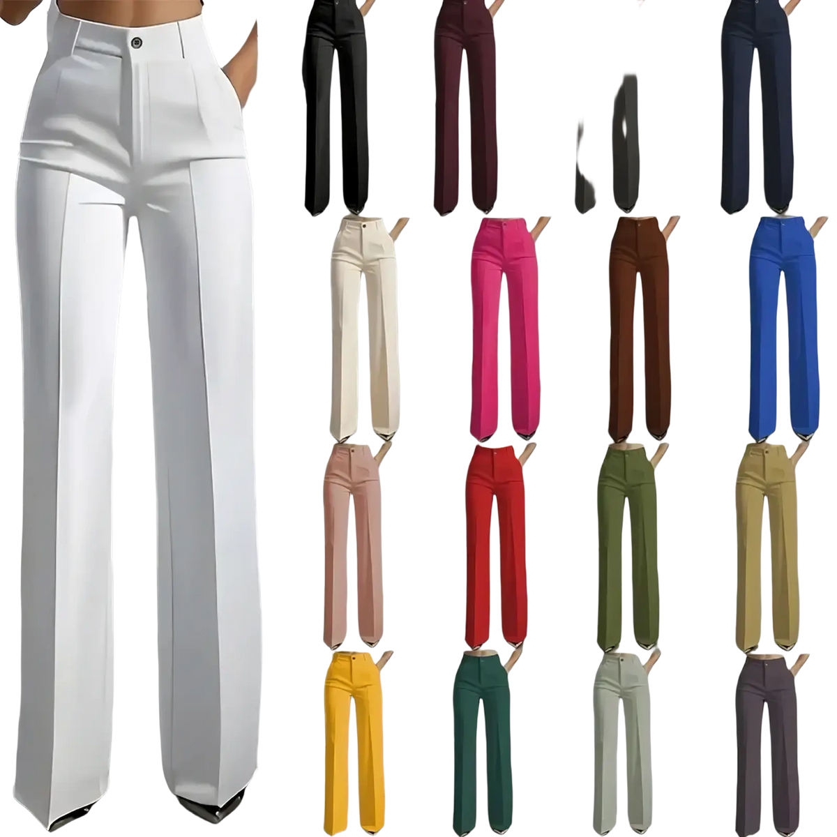 White high-waisted wide-leg trousers with a sleek tailored design ideal for formal and professional wear