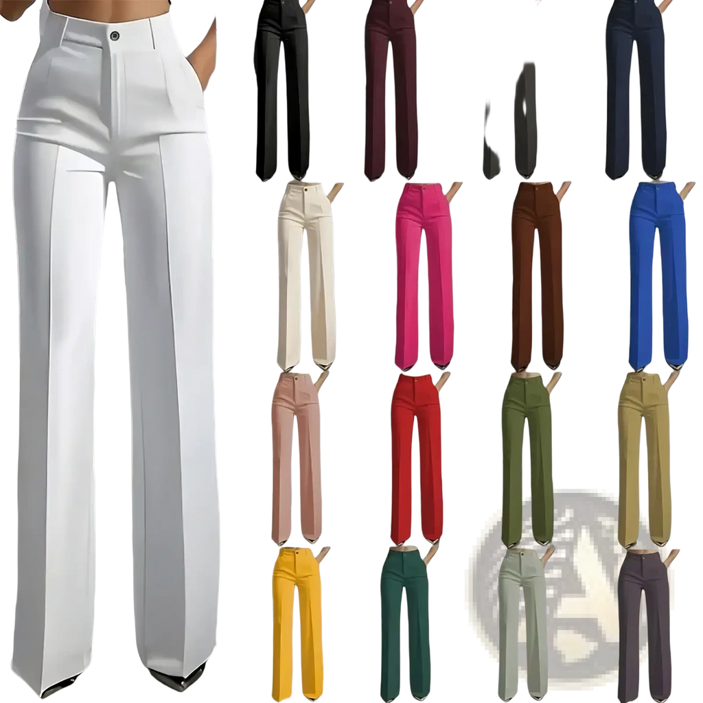 White high-waisted wide-leg trousers with a sleek tailored design ideal for formal and professional wear
