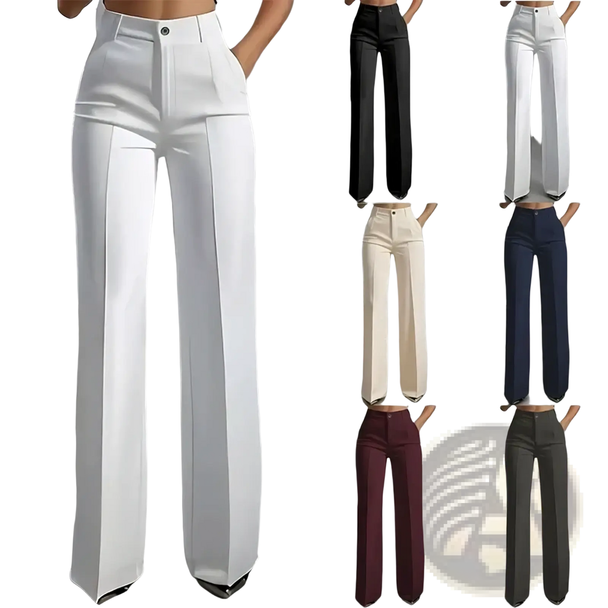 White high-waisted wide-leg trousers with a sleek tailored design perfect for formal and casual wear