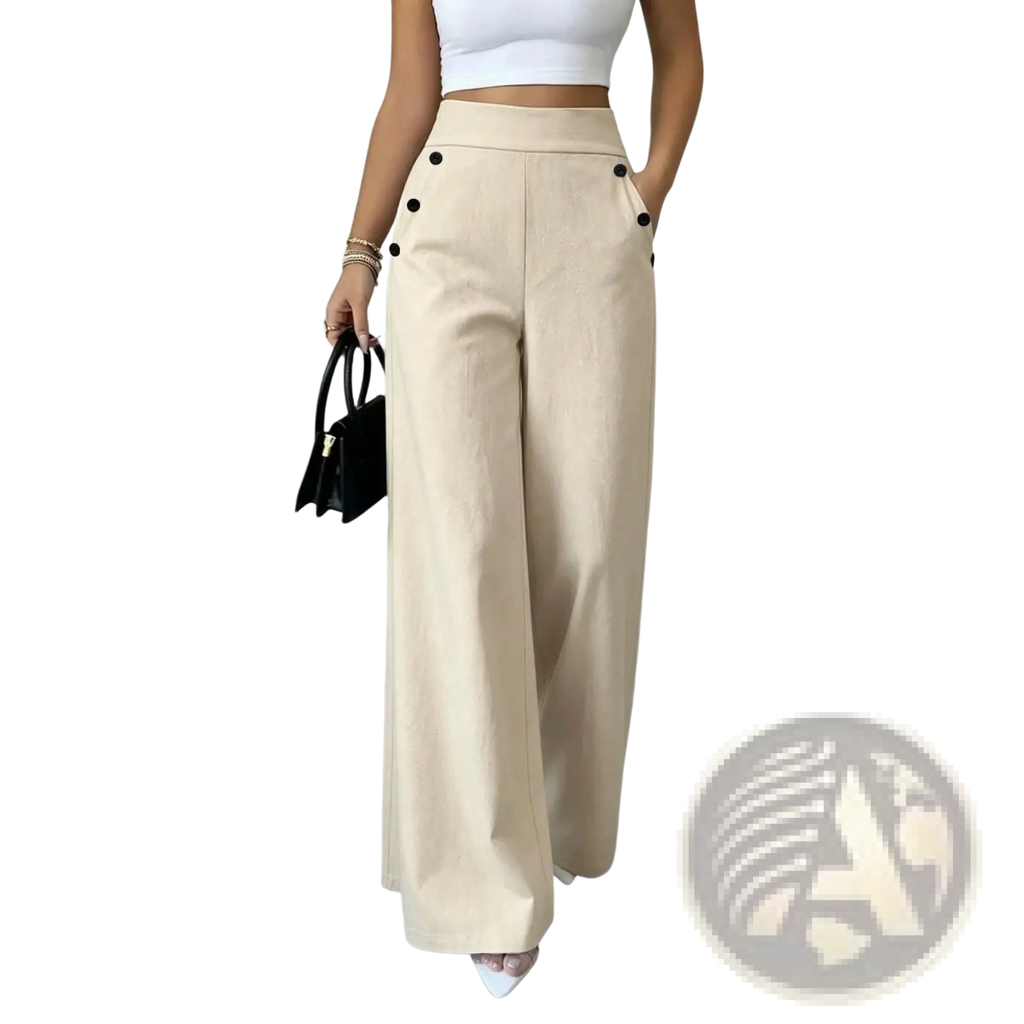 Beige high waisted wide leg trousers with black button accents ideal for formal and casual wear