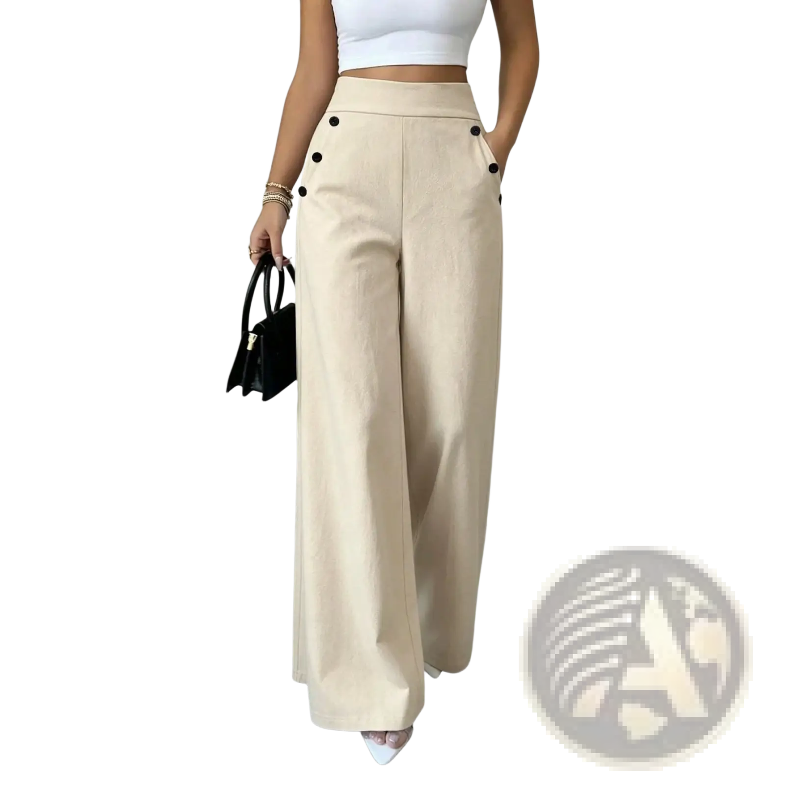 Beige high waisted wide leg trousers with black button accents ideal for formal and casual wear