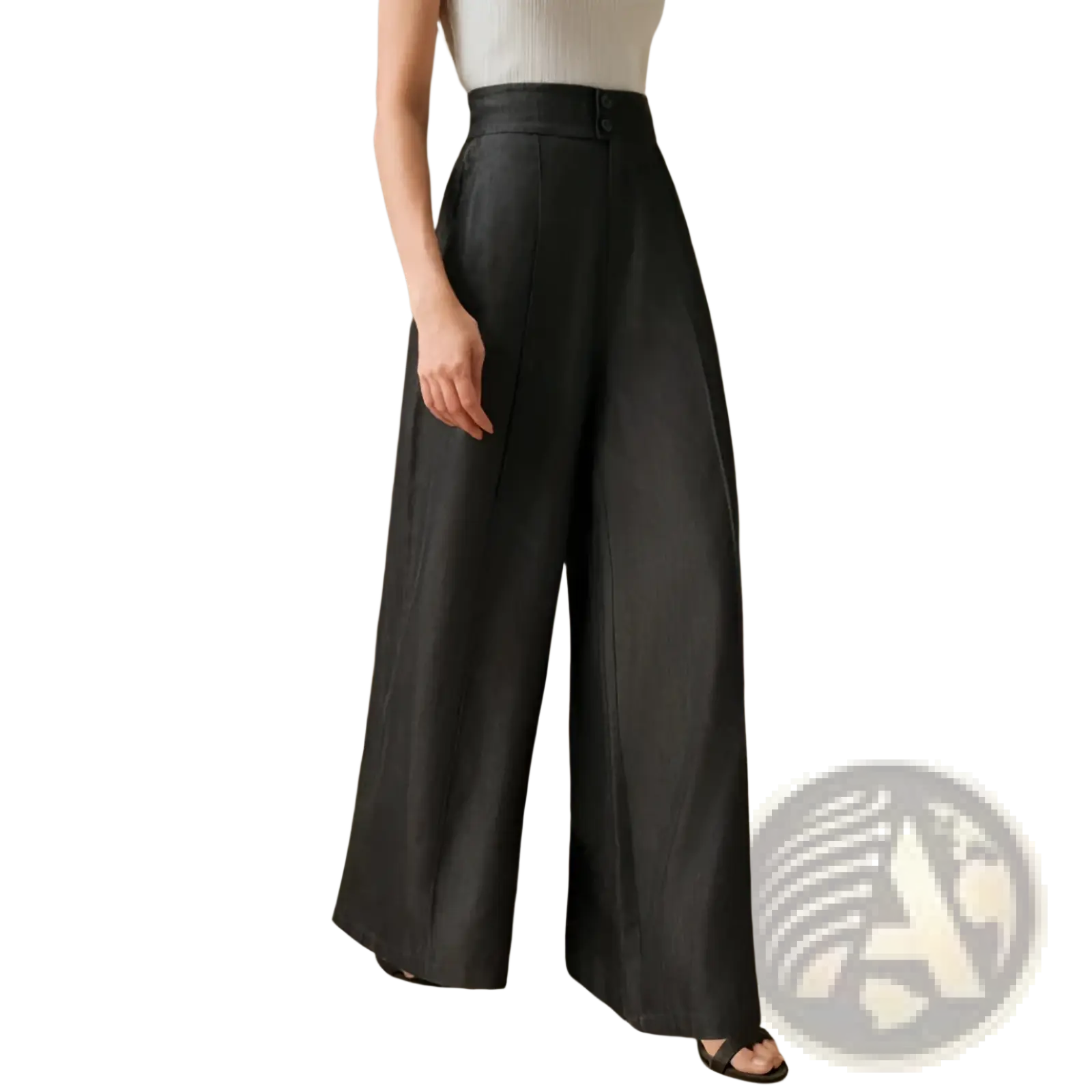 Black high waisted wide leg trousers with a sleek minimalist design ideal for formal and casual wear