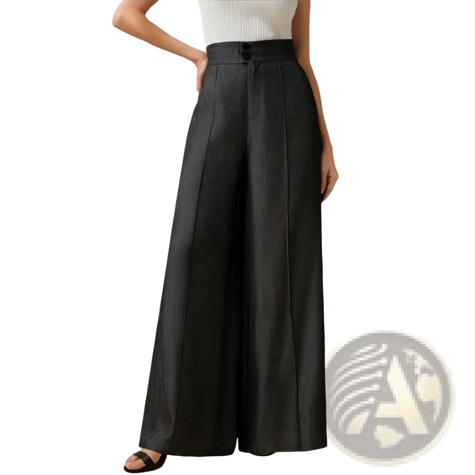 High waisted wide leg trousers in black with structured pleats and button closure for a polished look