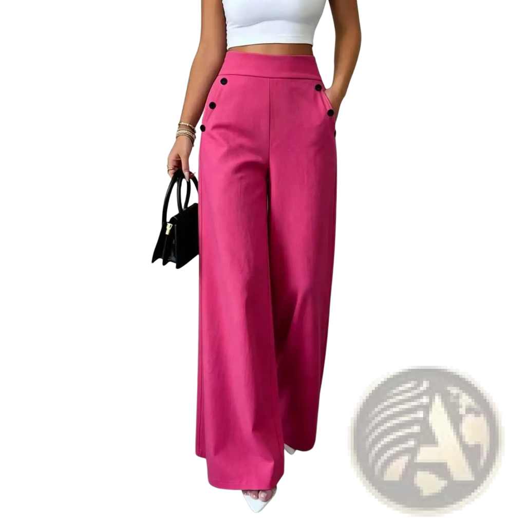 Bright fuchsia high waisted wide leg trousers with black button accents made from lightweight fabric for stylish wear