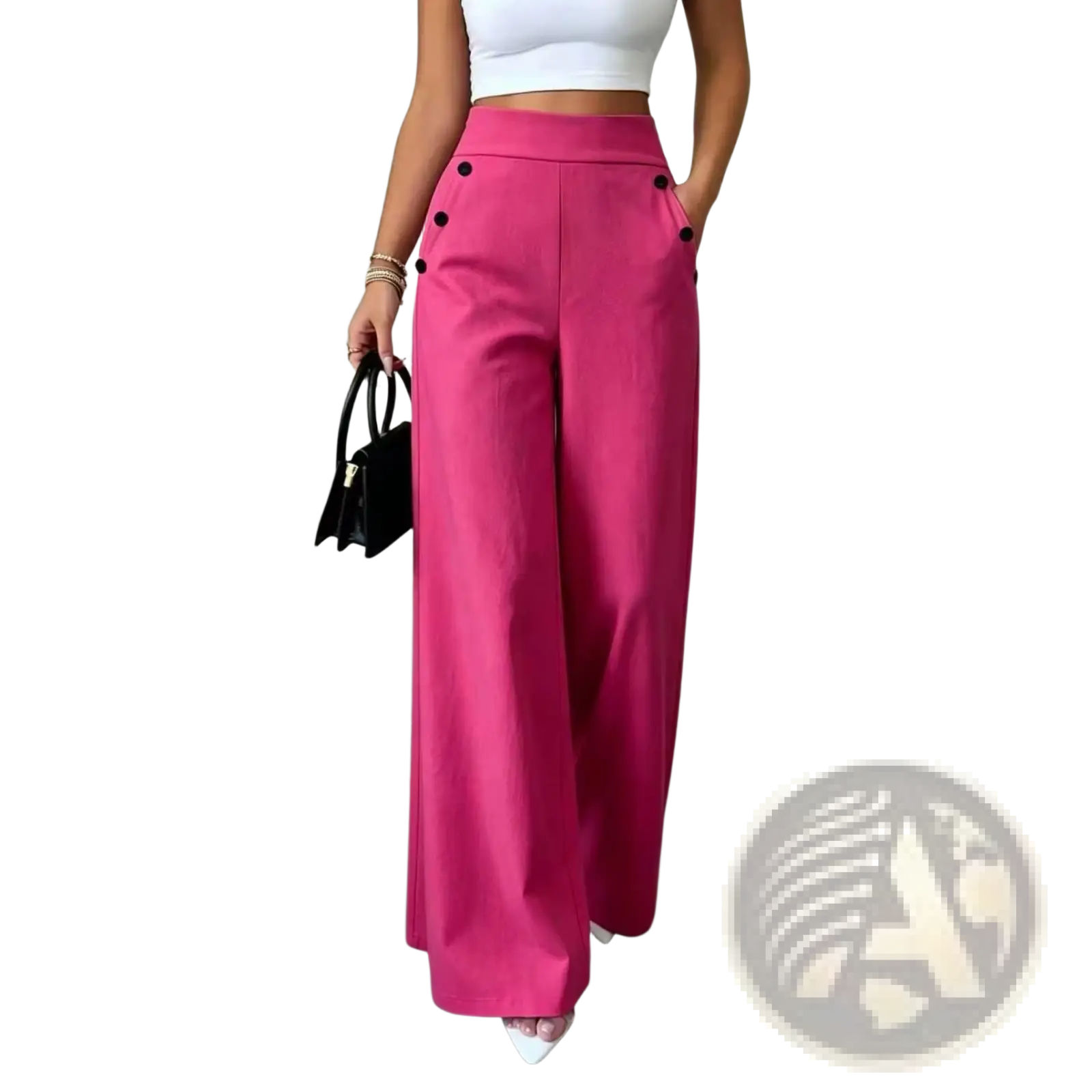 Bright fuchsia high waisted wide leg trousers with black button accents made from lightweight fabric for stylish wear