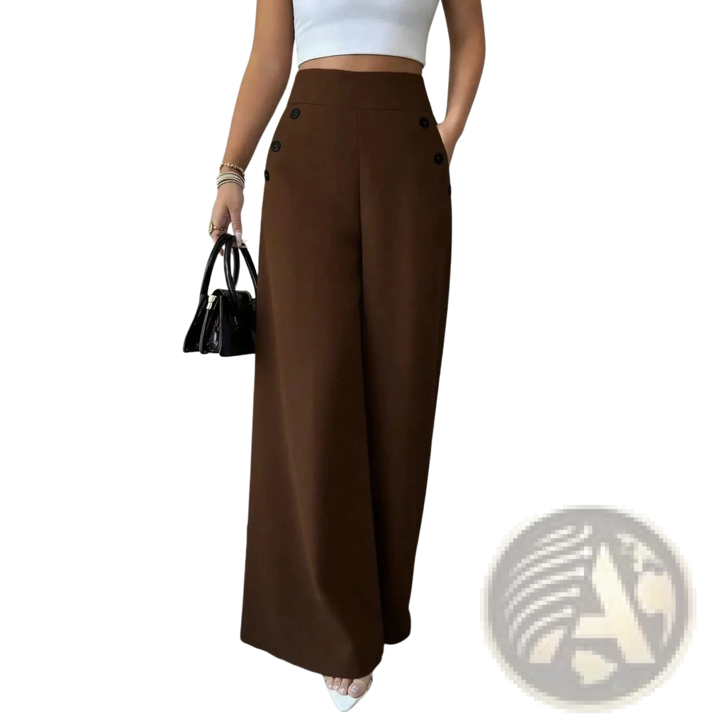 Brown high waisted wide leg trousers featuring black button detailing ideal for stylish professional wear