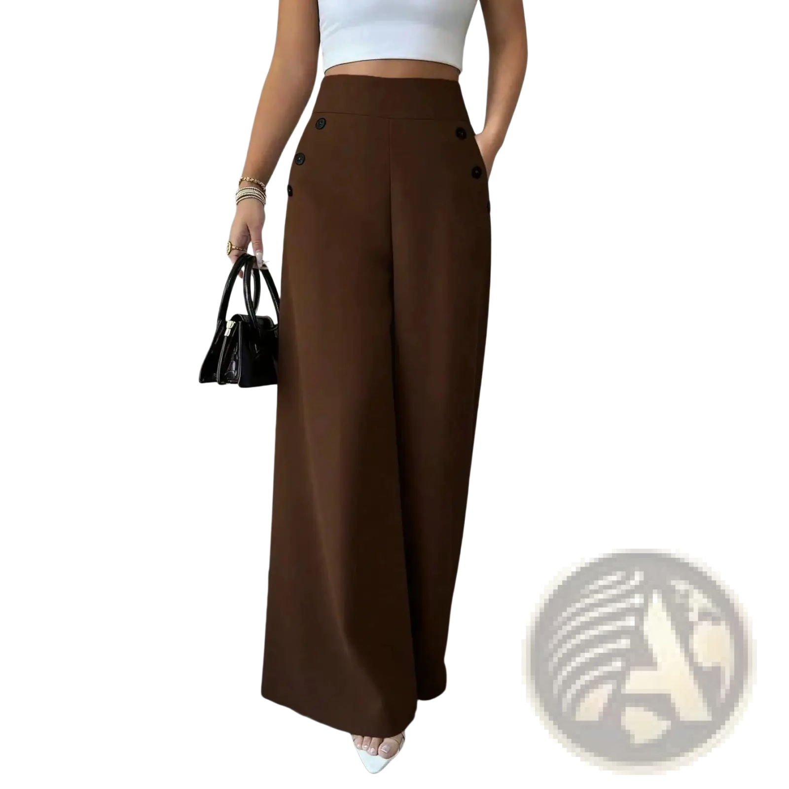 Brown high waisted wide leg trousers featuring black button detailing ideal for stylish professional wear