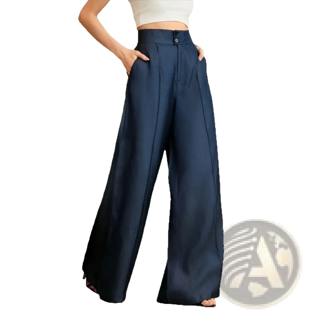 High waisted wide leg trousers in dark blue with button closure made from soft fabric for a stylish look