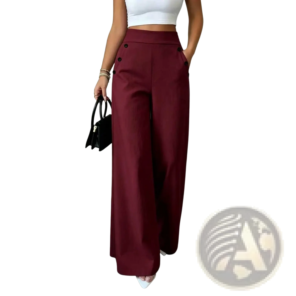 High waisted wide leg trousers in maroon featuring black button accents for a stylish tailored look