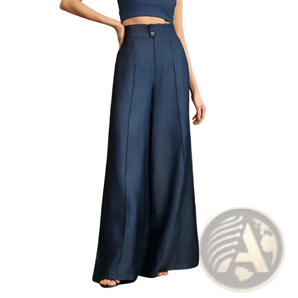 High waisted wide leg trousers in navy blue with subtle textured fabric and front button closure