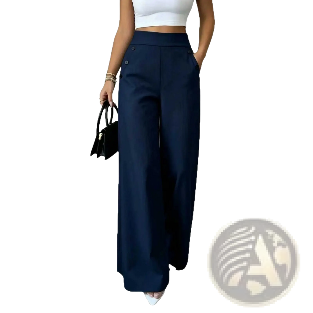 Navy blue high waisted wide leg trousers with a tailored fit and button details at the waist