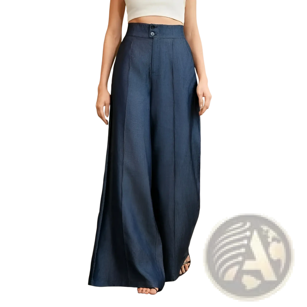 High-waisted navy blue wide-leg trousers with button closure at the waist in a smooth fabric