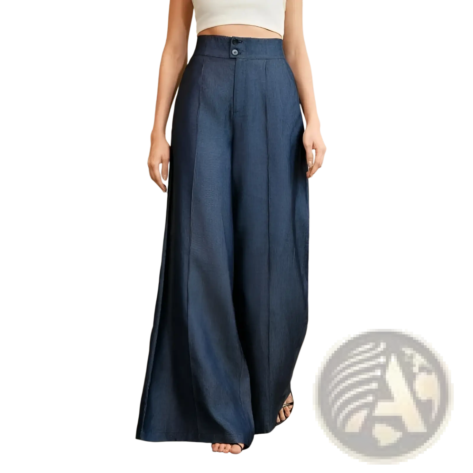 High-waisted navy blue wide-leg trousers with button closure at the waist in a smooth fabric