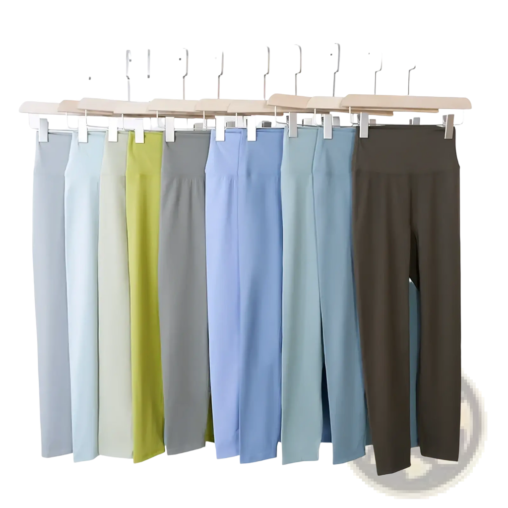 A collection of high-waisted yoga leggings for women in soft pastel and earth tones made of stretchy fabric