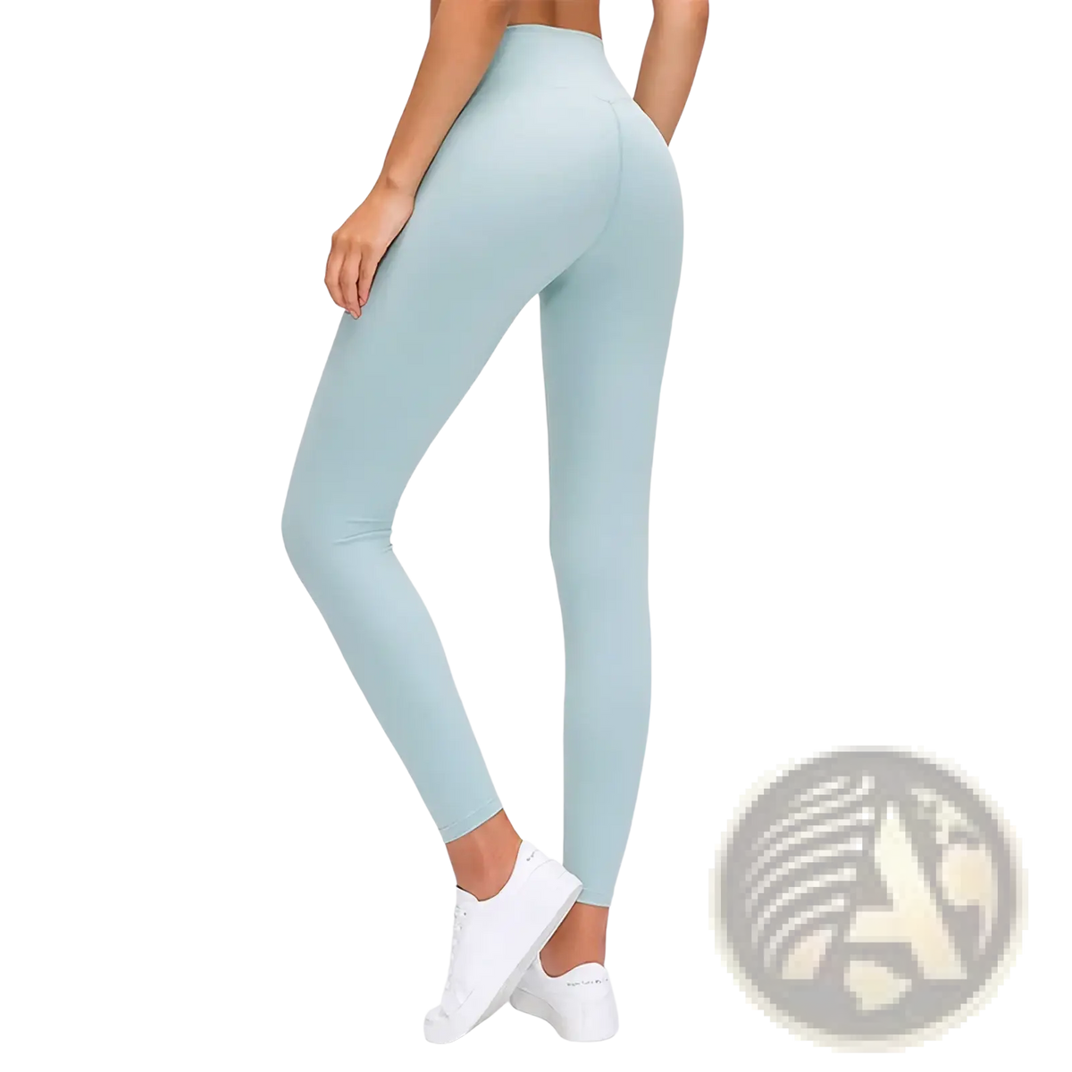 A pair of high-waisted light mint green stretchy yoga leggings for women activewear shown from the back side