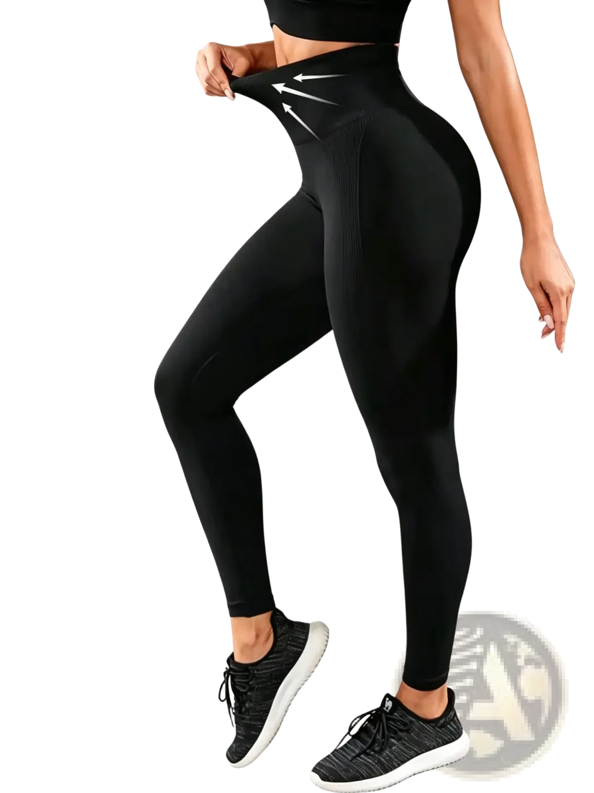 Black high waisted yoga leggings for women with sleek form fitting design and subtle ribbed texture