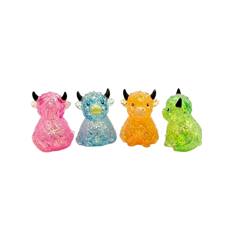 Four translucent glittery highland cow sensory fidget toys in pink blue orange and green for stress relief