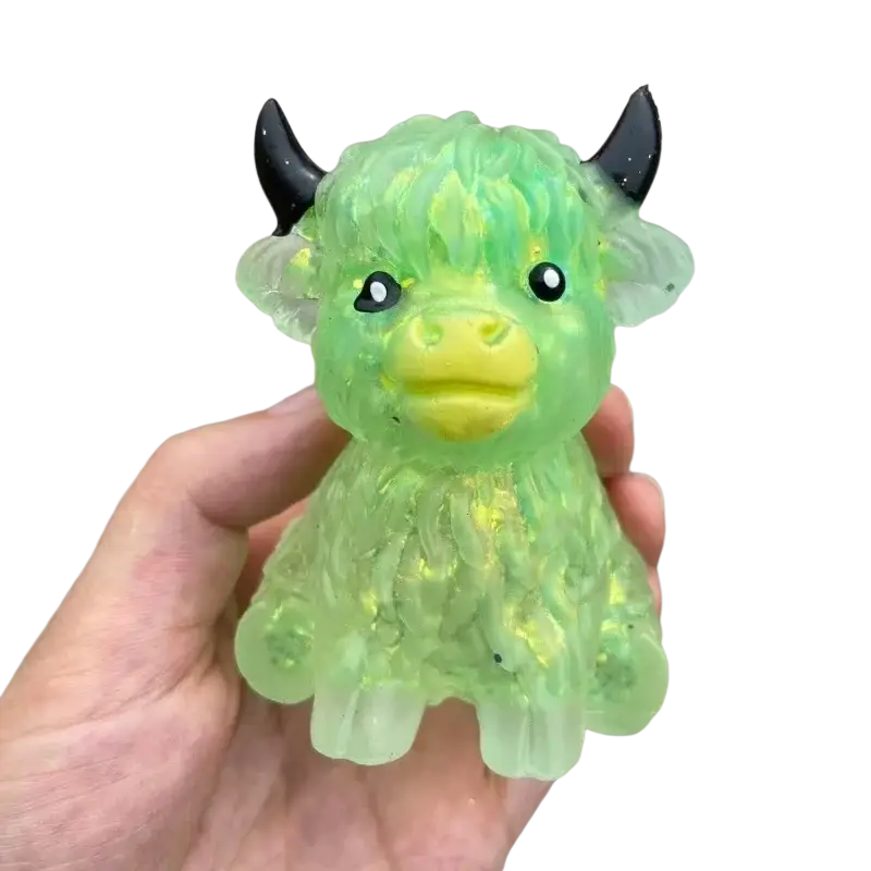 Highland cow sensory fidget toy in translucent lime green with fuzzy texture for stress relief and sensory fidget use