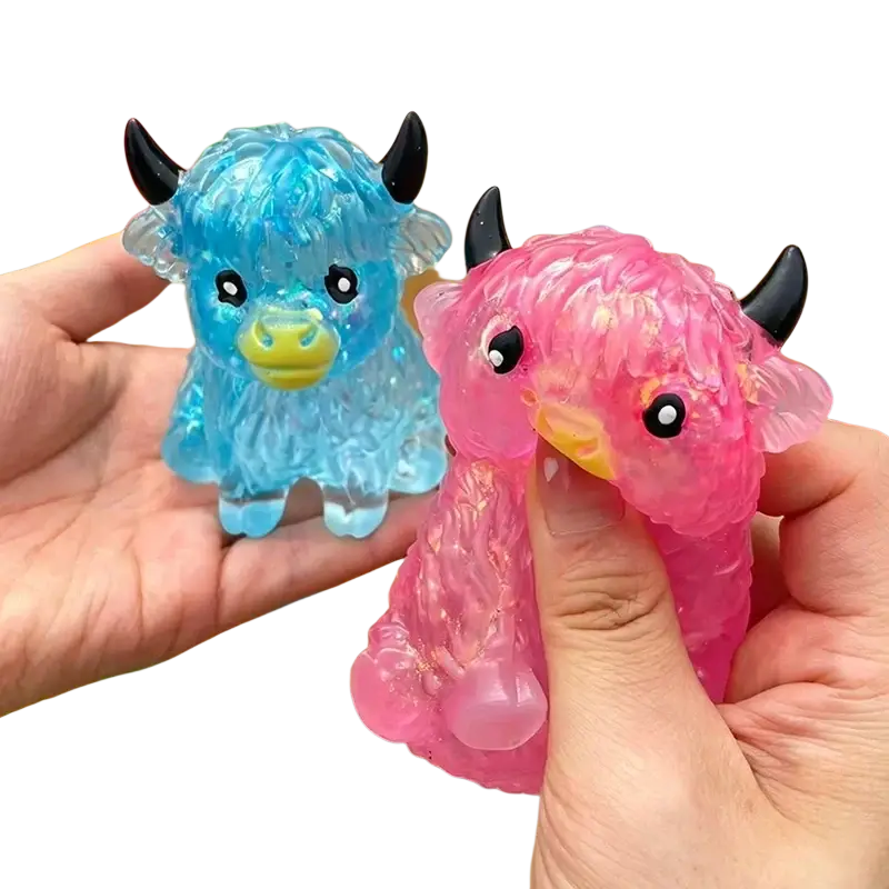 Two translucent blue and pink highland cow sensory fidget toys made of squishy material for stress relief